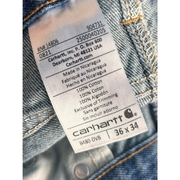 Carhartt Men's Denim Relaxed fit Straight Leg Jeans‎ Light Wash Blue Size 36x34 - Picture 10 of 11